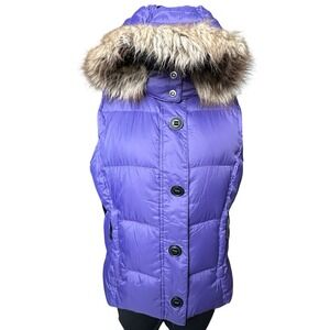LL Bean Puffer Vest Hooded Fur Trim Goose Down Nylon Quilted Womens Small Purple